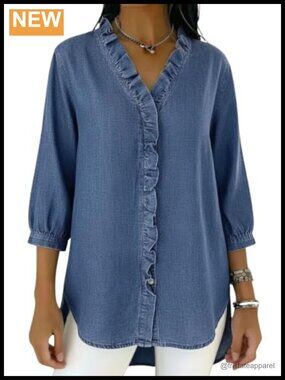 Women's Ruffle Denim Button Down Shirt V-Neck 3/4 Sleeve Cotton Jean Tunic